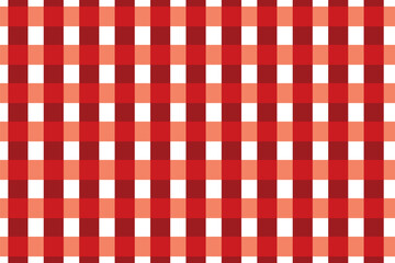 Red and white checkered tablecloth. Top view table cloth texture background. Red gingham pattern fabric. Picnic blanket texture. Red table cloth for Italian food menu. Square pattern