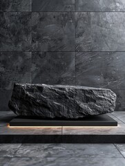 A large rock sits atop a platform with a subtle texture