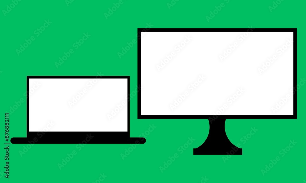 Wall mural Device mockup template. Set of computer monitor, computer, laptop, phone, tablet isolated on green background. Flat vector illustration. Flat design devices icons isolated on green background.