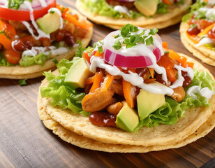 fresh and colorful Mexican tacos, topped with a variety of vegetables and garnishes.