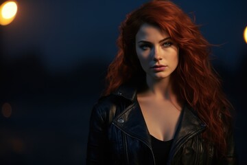 Fototapeta premium Intense redhead woman in leather jacket