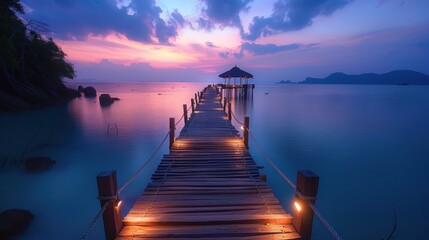Obraz premium Sunset Over Wooden Pier Leading to Gazebo