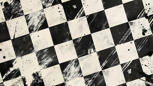 Black and white chessboard pattern background with paint brush strokes, in the vintage style, high resolution, high quality, high detail, hyper realistic.


