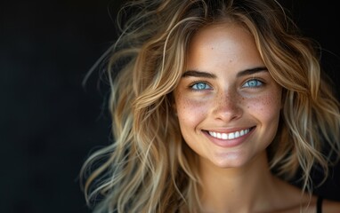 A young woman with long, blonde, wavy hair smiles brightly at the camera. She has blue eyes and freckled skin