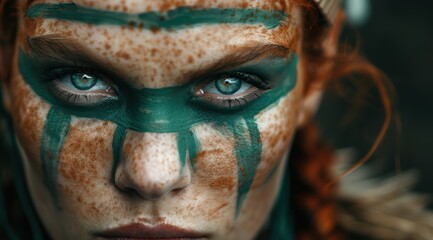 Intense green-eyed woman with freckles and face paint