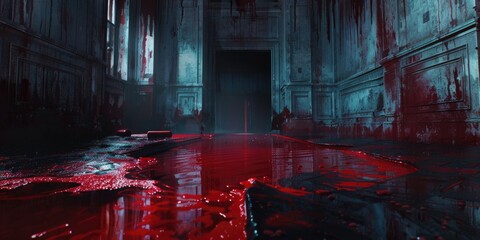 A dark and eerie hallway with streaks of red blood on the floor, perfect for crime scene or horror story illustrations