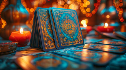 Divinatory tarot deck placed on a table in a calm, dark environment with a few candles. Wallpaper or divination concept.