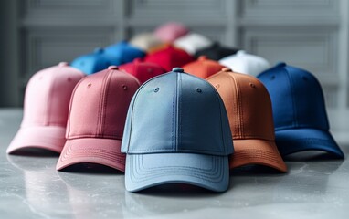 Collection of hats, lined up, white background