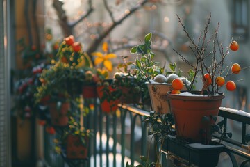 A cozy balcony with potted plants and fresh oranges on the railing, ideal for outdoor living spaces or kitchen decor