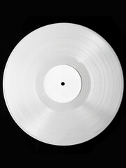 A close-up of a white vinyl record sitting on a black surface, perfect for music or nostalgia-themed designs
