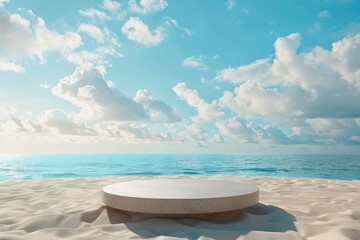 Obraz premium Round table sitting on a sandy beach, perfect for outdoor meetings or casual gatherings