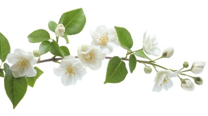 Obraz premium Close-up shot of a branch of white flowers with green leaves, ideal for using in designs related to nature, beauty, or simplicity
