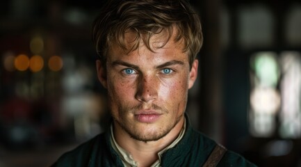 Obraz premium Intense gaze of a young man with freckles and wavy hair