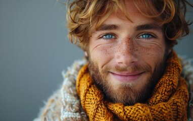 A man with curly red hair, a beard, and freckles smiles warmly at the camera while wearing a knit scarf