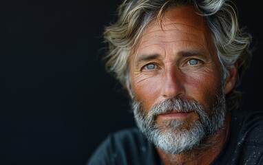 Obraz premium A close-up portrait of a man with grey hair, a long beard, and blue eyes looking directly at the camera