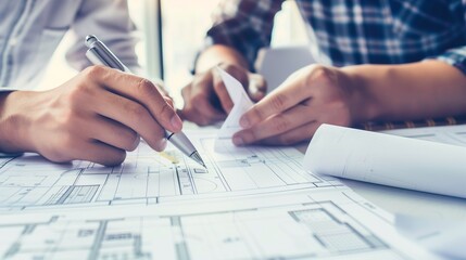 Fototapeta premium Architect attentively reviewing blueprints at a desk, planning and designing with precision and focus
