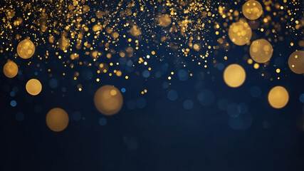 Golden Rain luxurious beautiful dark navy blue and gold orange bokeh light effect background of abstract glitter lights. de focused, blurred. Ideal Christmas, new year, holiday background