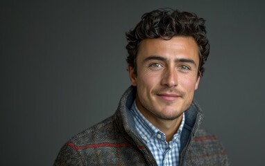 Obraz premium A young man with curly brown hair smiles softly while looking directly at the camera. He is wearing a plaid shirt under a dark grey jacket and a light beard