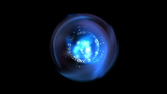 Movement of the digital blue light circle of time consisting of numbers and small blue light energy particles at the center is like a time clock that can travel to every dimension in the universe