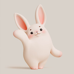 Simple fat kawaii soft fluffy cartoon white bunny with eyebrows, pink ears, cheeks standing waving with one hand, greeting, saying hi, friendly gesture. Cute adorable pet. 3d render in pastel colors.