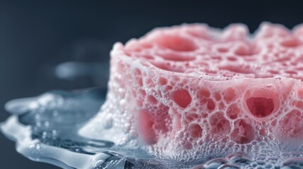 Fototapeta premium Macro shot of a pink sponge with water droplets