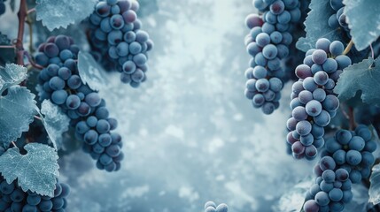 Blue Grape Bunches with Frosted Leaves Forming a Border on Blue Background with Copy Space