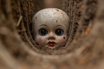 Obraz premium Creepy old doll face in the woods
