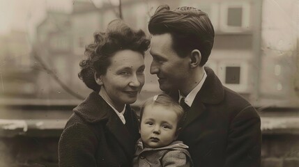 A nostalgic black and white portrait of a family, capturing a heartfelt moment of togetherness and...