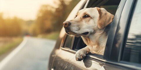 Dog experiences pure joy and freedom during car ride with head out window. Concept Animals, Joyful Moments, Car Rides, Pet Happiness, Adventure