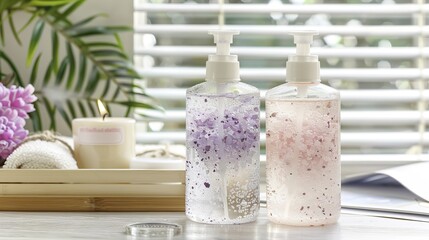 Aesthetic pastel interior design with body wash bottles, hand cream, candle, and magazine on table by window with white blinds