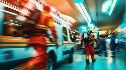 Obraz premium Emergency responders in motion, wearing protective gear and heading towards a white and orange ambulance in a blurred bustling environment.