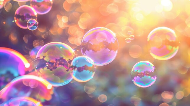 Transparent bubbles floating in the air against a sunlit bokeh background, creating a whimsical and magical scene.