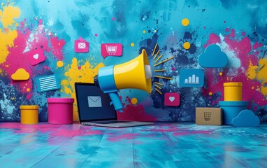 Digital marketing commerce online sale concept, Businessman use laptop with advertising on website. planning advertising marketing strategies to target social media native, ad, advertisers, sales 