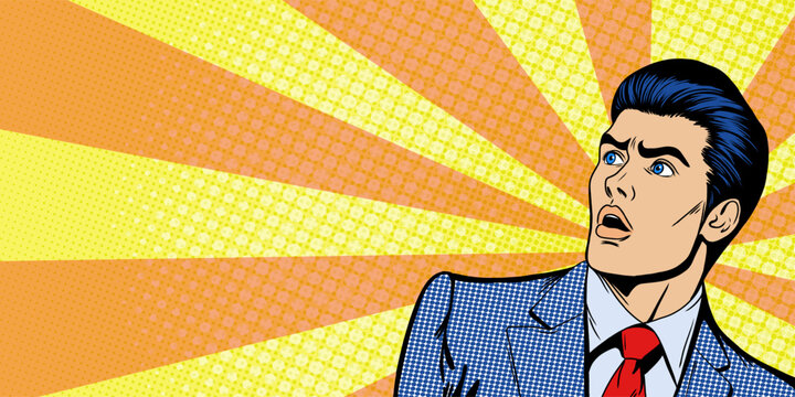 Shocked young man with wide open eyes and open mouth stares at empty space for text. Yellow Banner template in retro pop art comic style. Vector background