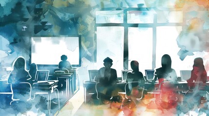 A group of people are sitting in a classroom with a chalkboard. Scene is one of learning and collaboration