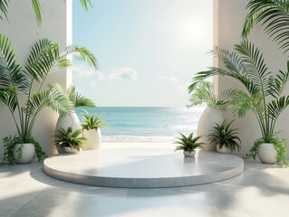 Fototapeta premium Elegant tropical platform with ocean view and lush greenery