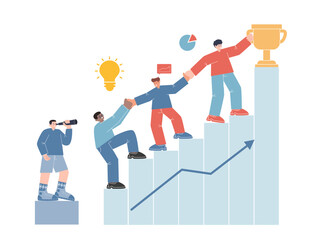 Company corporate teamwork reaching target climbing in chart arrow helping each other collaboration