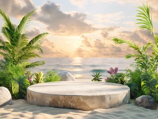 Elegant Summer Podium with Tropical Plants and Sunset Ocean View