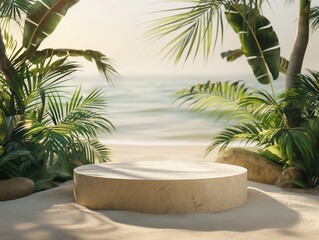 Fototapeta premium Elegant Summer Podium with Tropical Plants and Ocean Backdrop