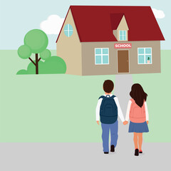 Group of school children back to school. Kids go and run into school building. Education Horizontal banner. Flat vector illustration.