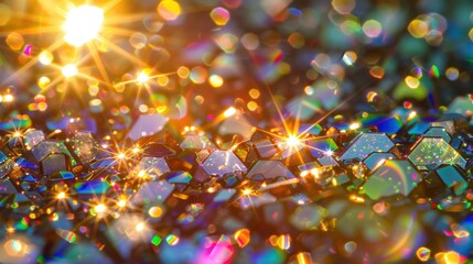 Glistening rainbow crystals illuminated by sunlight, creating a dazzling and colorful display of light and reflections.