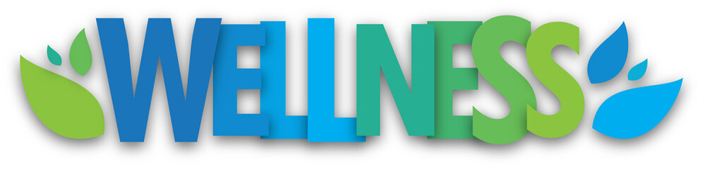 WELLNESS blue/green typography banner on transparent background with leaves