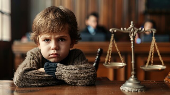 Cute child and mother at table with gavel of judge blurred in background, family law concept