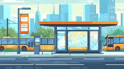 Bus stop with route map, city transport, flat design illustration