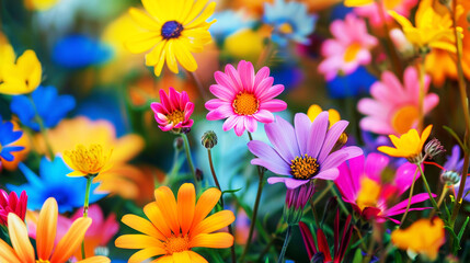 Fototapeta premium Colorful wildflowers in various colors, including pink and yellow daisies, purple flowers, orange marigolds, blue morning glories, green leaves, macro photography
