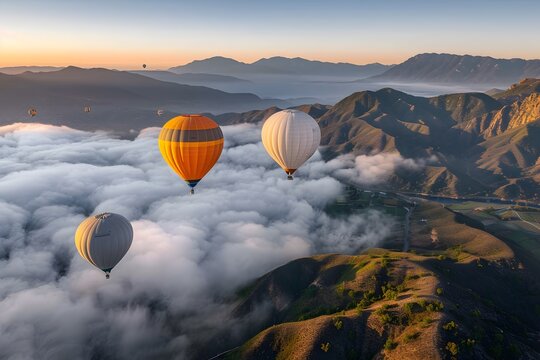 Hot air balloons over picturesque mountains and valleys, rolling clouds at sunrise