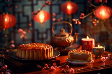 Fototapeta premium Lantern-lit scene featuring a beautifully patterned mooncake with tea set embodying the Mid-Autumn Festivals warmth in China isolated on a gradient background