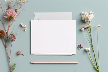 Blank card with envelope surrounded by delicate wildflowers and a pencil on a light blue background.