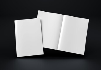 Magazine cover and open magazine mockup on black. Empty brochure template. 3D rendering