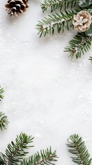 Frame of fir branches and decorations with background and place for text. New Year card template. Christmas card template. Border, winter poster for invitations